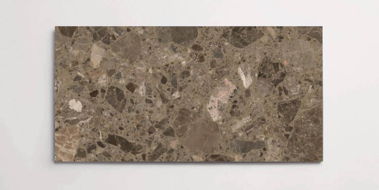 A single brown terrazzo marble tile with various sized aggregates throughout in different shades of brown