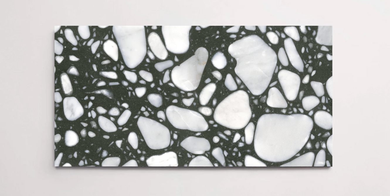A single black terrazzo marble tile with various sized aggregates throughout