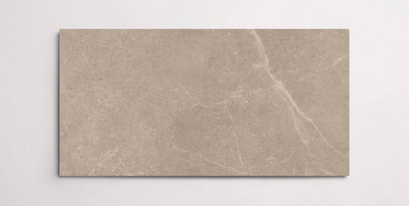 A single brown 10" x 30" stone-like porcelain tile with subtle veining